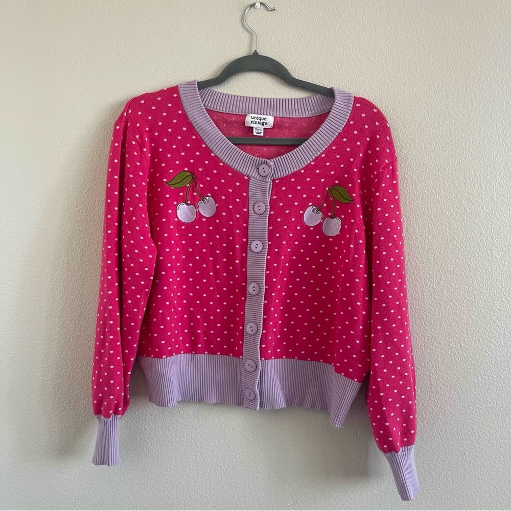 SOLD Unique Vintage Pink Polka Dot Cardigan with Cherry Design